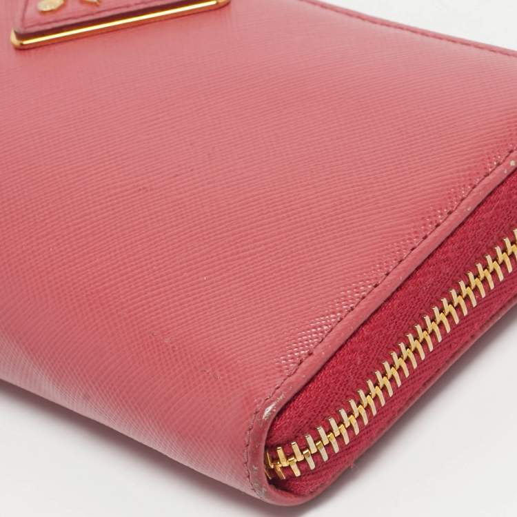 Pre Owned Prada Pink Saffiano Metal Leather Zip Continental Wallet