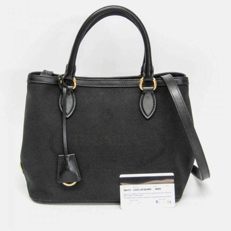 Pre Owned Prada Logo Black Jacquard/Leather Shoulder Bag