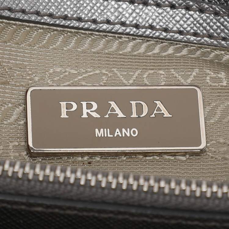 Pre Owned Prada Silver Saffiano Lux Leather Small Promenade Satchel