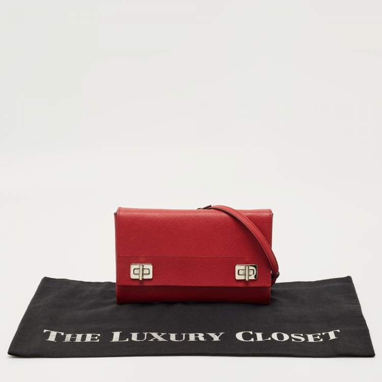 Pre Owned Prada Red Saffiano Lux Leather Double Turnlock Flap Crossbody Bag
