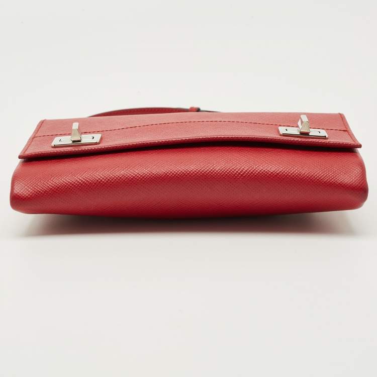 Pre Owned Prada Red Saffiano Lux Leather Double Turnlock Flap Crossbody Bag
