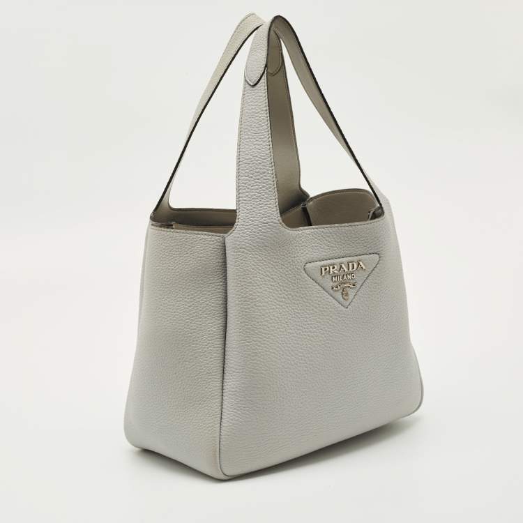 Pre Owned Prada Light Grey Vitello Daino Leather Dynamique Tote