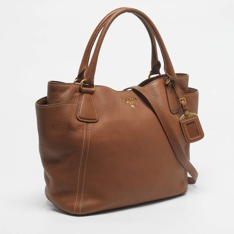 Pre Owned Prada Brown Vitello Daino Leather Side Pocket Tote