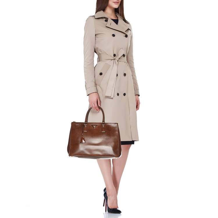 Pre Owned Prada Brown Brushed Smoke Patent Leather Large Galleria Tote
