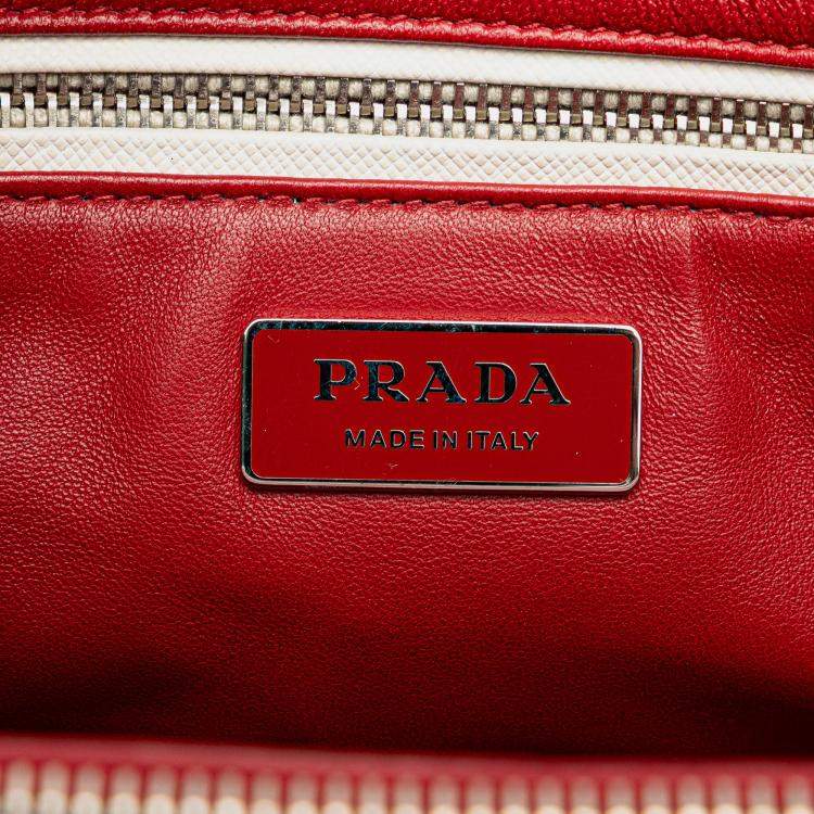 Pre Owned Prada Red Small Bicolor Saffiano Galleria Double Zip Satchel