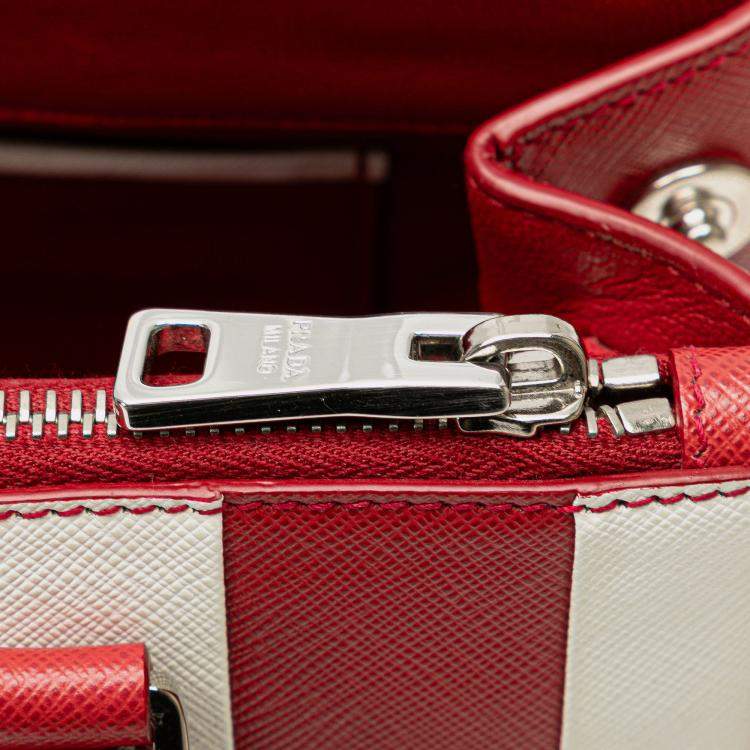 Pre Owned Prada Red Small Bicolor Saffiano Galleria Double Zip Satchel