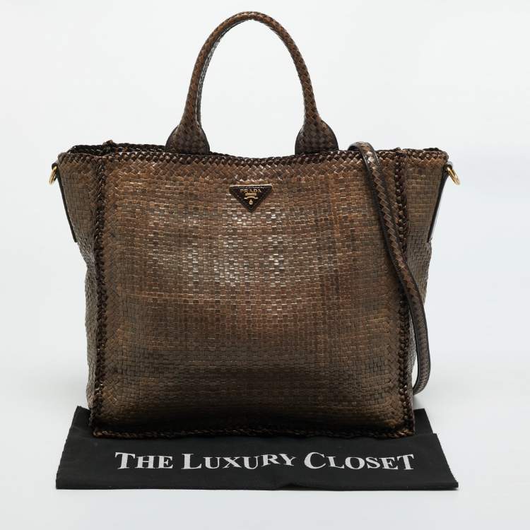 Pre Owned Prada Beige/Brown Woven Madras Leather Large Tote