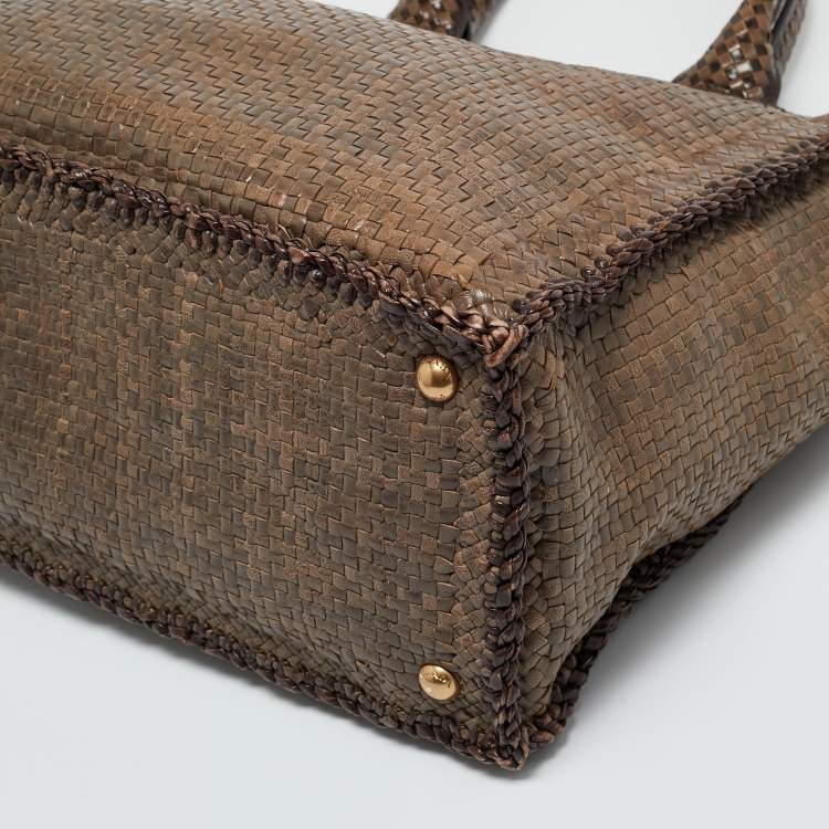 Pre Owned Prada Beige/Brown Woven Madras Leather Large Tote
