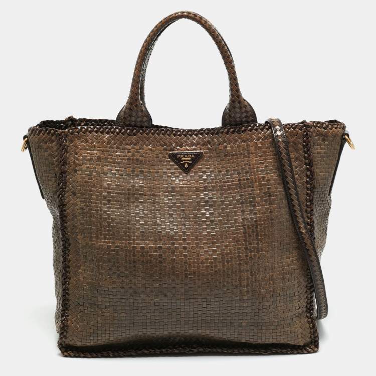 Pre Owned Prada Beige/Brown Woven Madras Leather Large Tote