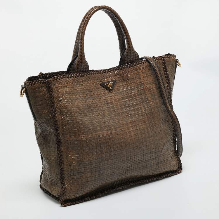 Pre Owned Prada Beige/Brown Woven Madras Leather Large Tote