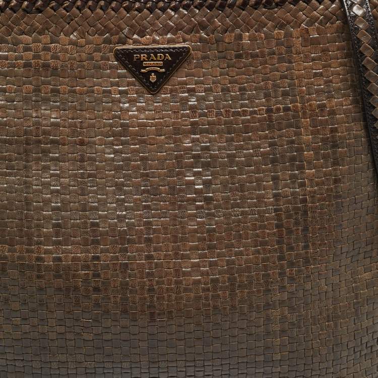 Pre Owned Prada Beige/Brown Woven Madras Leather Large Tote