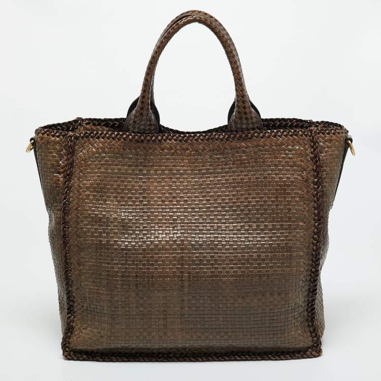 Pre Owned Prada Beige/Brown Woven Madras Leather Large Tote