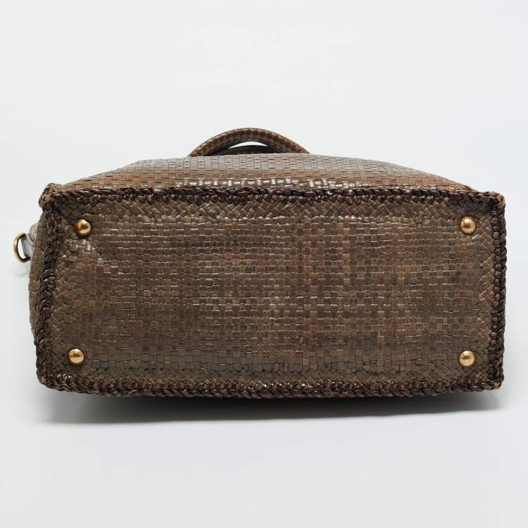 Pre Owned Prada Beige/Brown Woven Madras Leather Large Tote