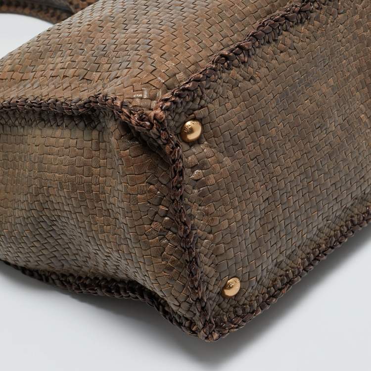 Pre Owned Prada Beige/Brown Woven Madras Leather Large Tote