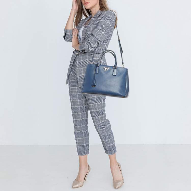 Pre Owned Prada Blue Saffino Leather Medium Double Zip Tote