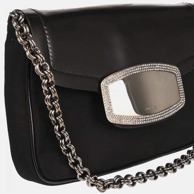 Pre Owned Prada Black Nylon Leather Rhinestone Handbag