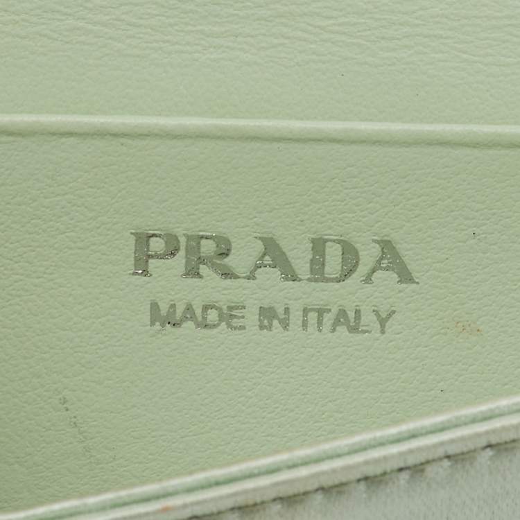 Pre Owned Prada Light Green Satin Crystal Metal Triangle Logo Chain Card Holder