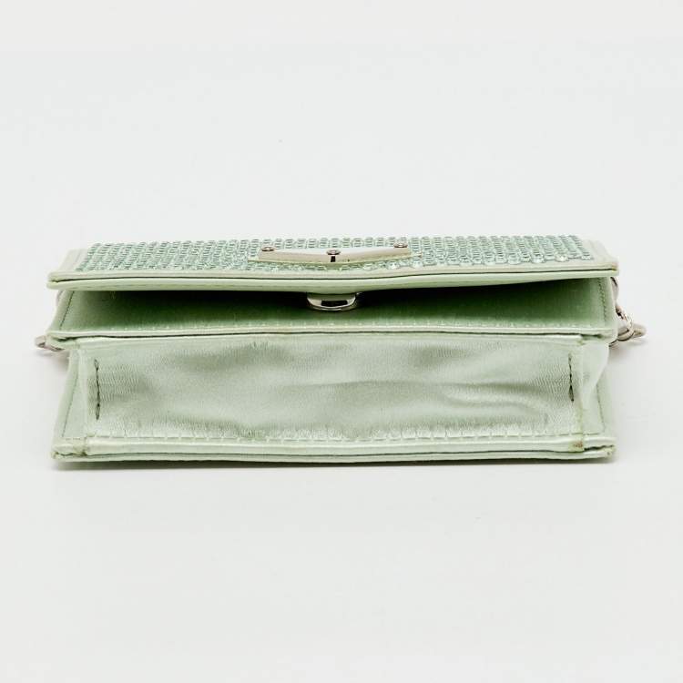 Pre Owned Prada Light Green Satin Crystal Metal Triangle Logo Chain Card Holder