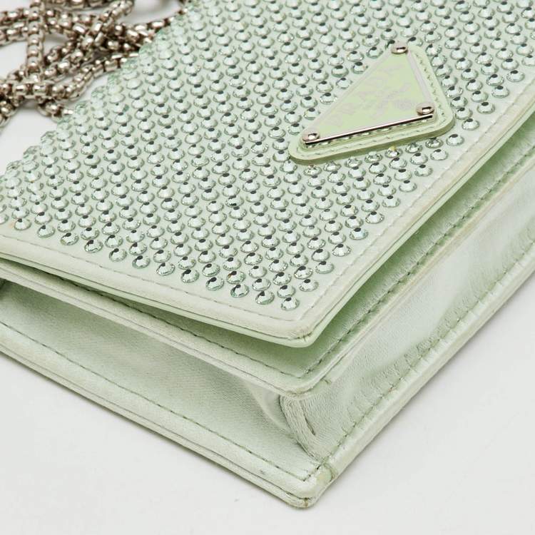 Pre Owned Prada Light Green Satin Crystal Metal Triangle Logo Chain Card Holder