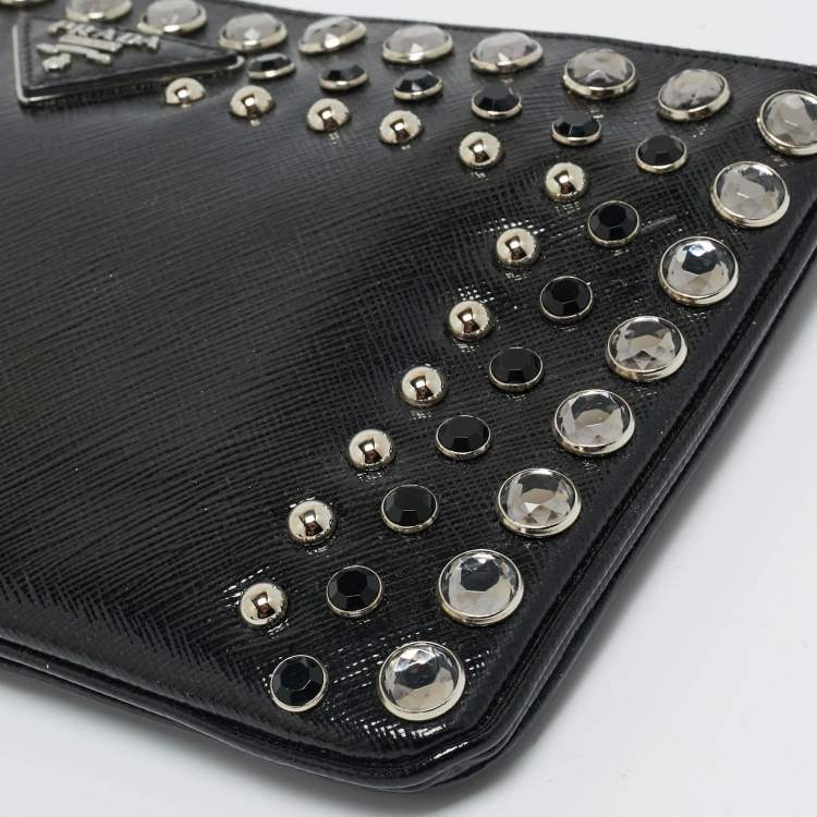 Pre Owned Prada Black Saffiano Vernice Patent Leather Embellished Clutch
