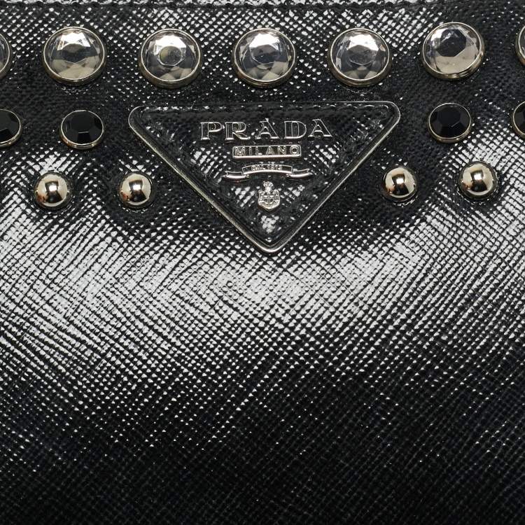 Pre Owned Prada Black Saffiano Vernice Patent Leather Embellished Clutch