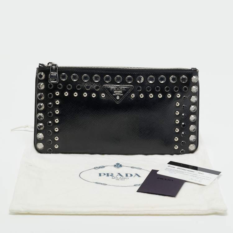 Pre Owned Prada Black Saffiano Vernice Patent Leather Embellished Clutch