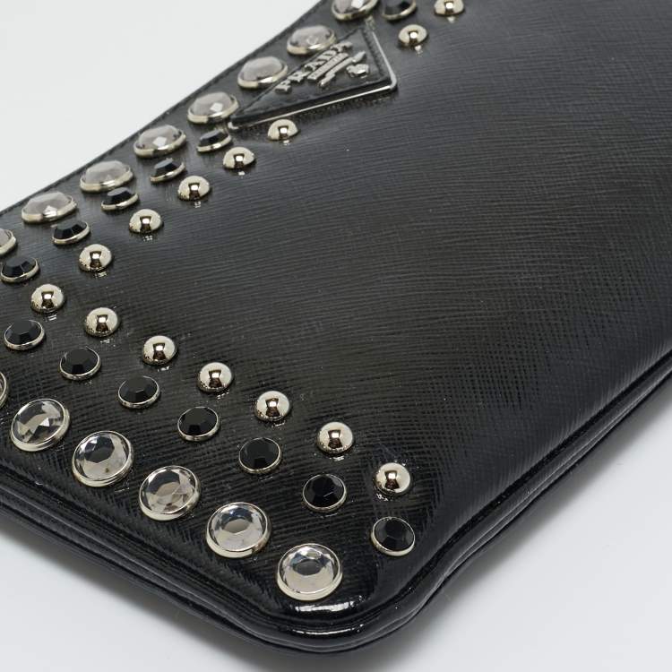Pre Owned Prada Black Saffiano Vernice Patent Leather Embellished Clutch