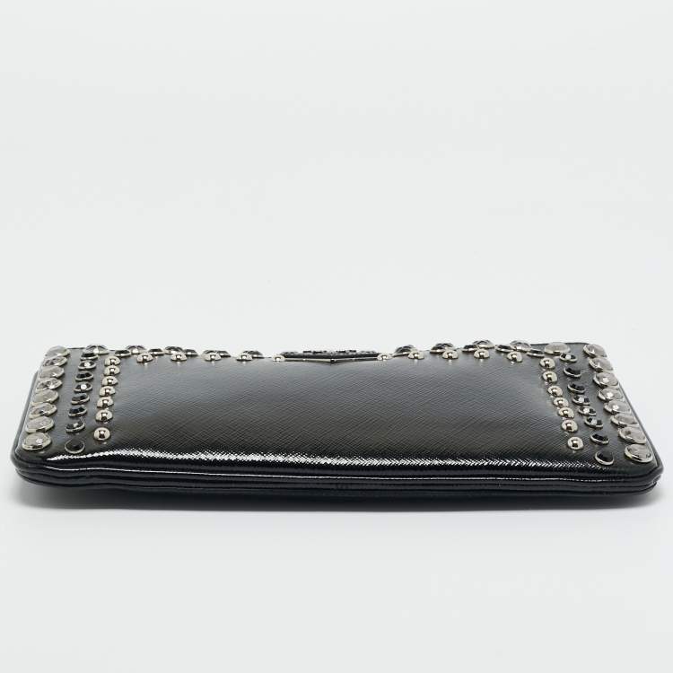 Pre Owned Prada Black Saffiano Vernice Patent Leather Embellished Clutch