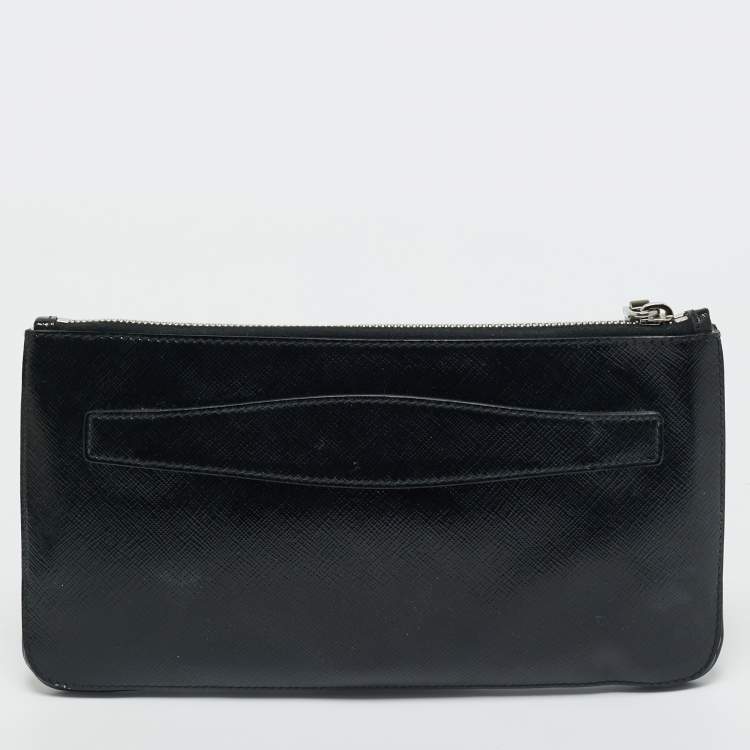 Pre Owned Prada Black Saffiano Vernice Patent Leather Embellished Clutch