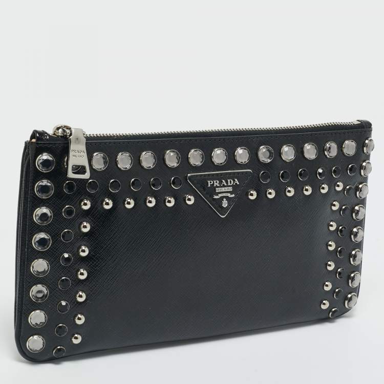 Pre Owned Prada Black Saffiano Vernice Patent Leather Embellished Clutch
