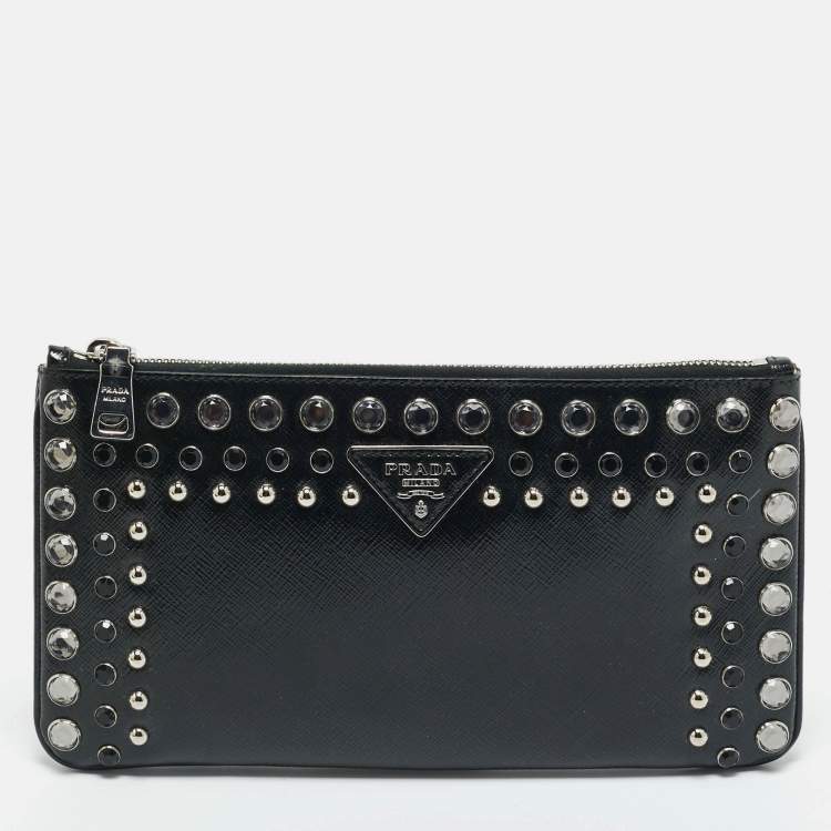 Pre Owned Prada Black Saffiano Vernice Patent Leather Embellished Clutch