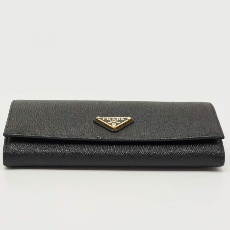 Pre Owned Prada Black Saffiano Metal Leather Triangle Logo Flap Continental Wallet