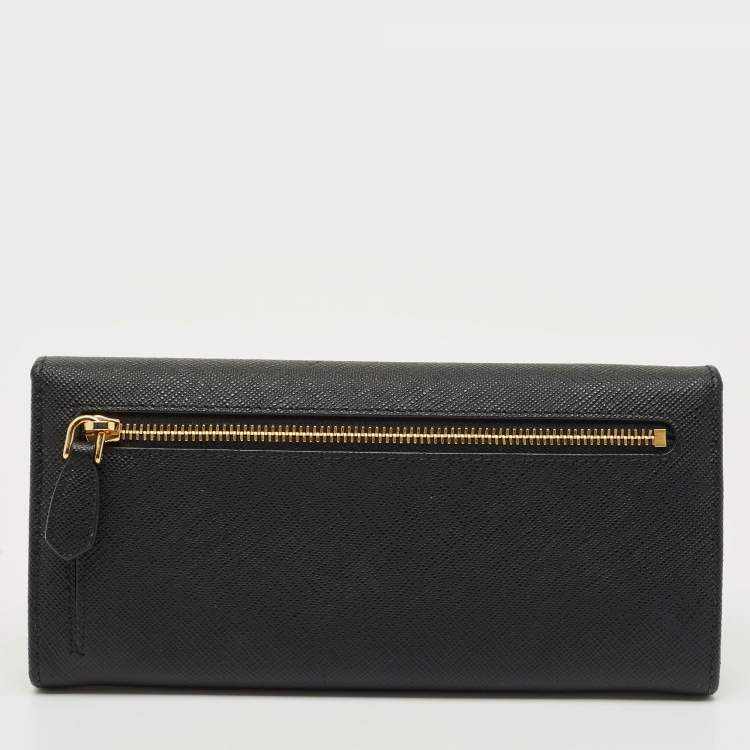 Pre Owned Prada Black Saffiano Metal Leather Triangle Logo Flap Continental Wallet