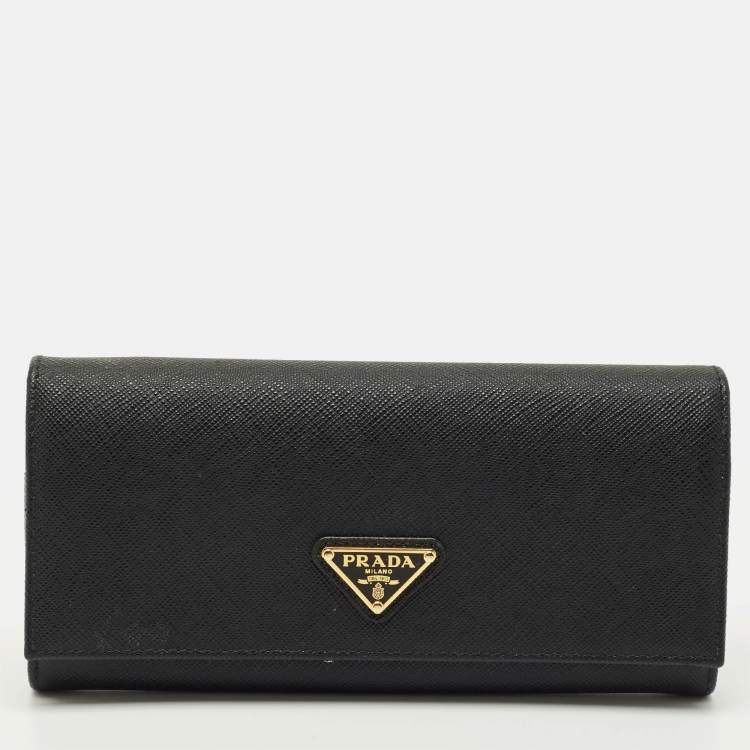 Pre Owned Prada Black Saffiano Metal Leather Triangle Logo Flap Continental Wallet