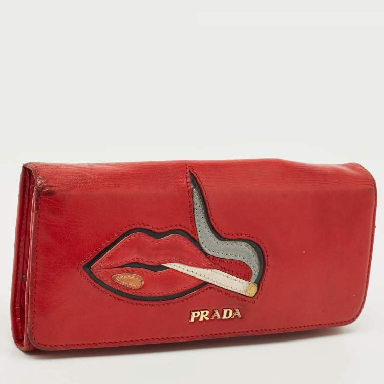 Pre Owned Prada Red Leather Cigarettes and Lips Continental Wallet
