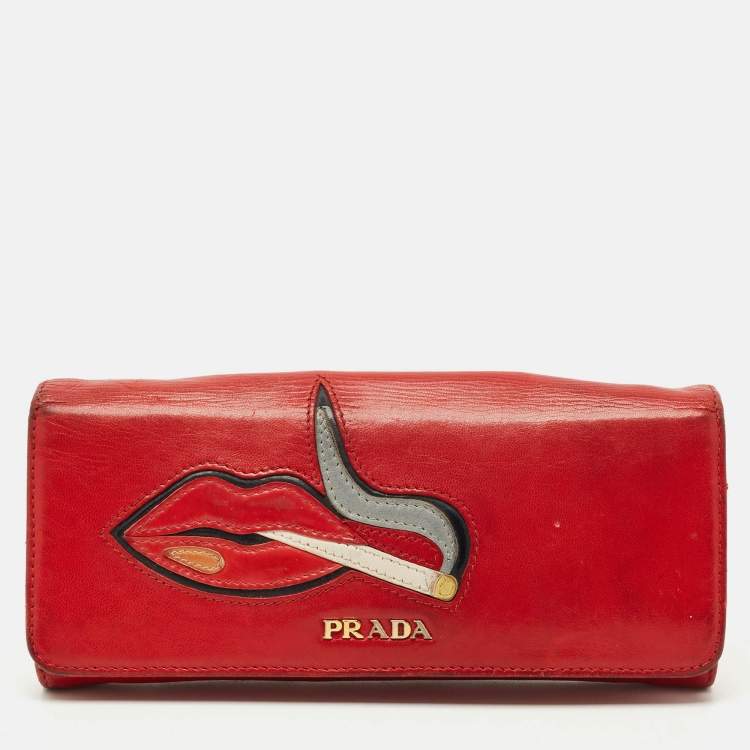 Pre Owned Prada Red Leather Cigarettes and Lips Continental Wallet