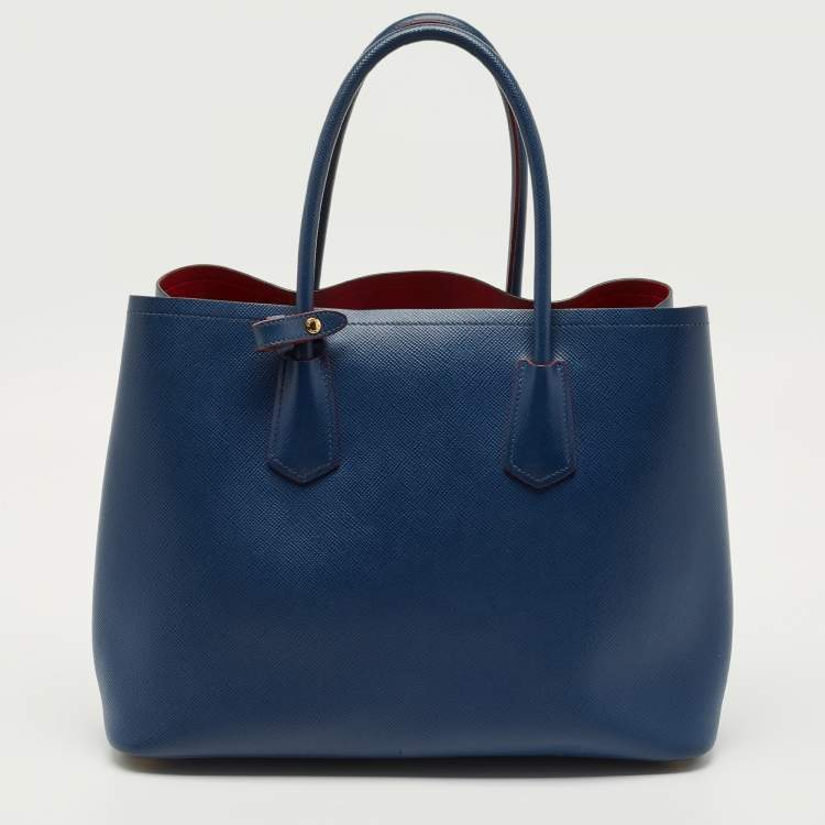 Pre Owned Prada Blue Saffiano Cuir Leather Large Double Handle Tote