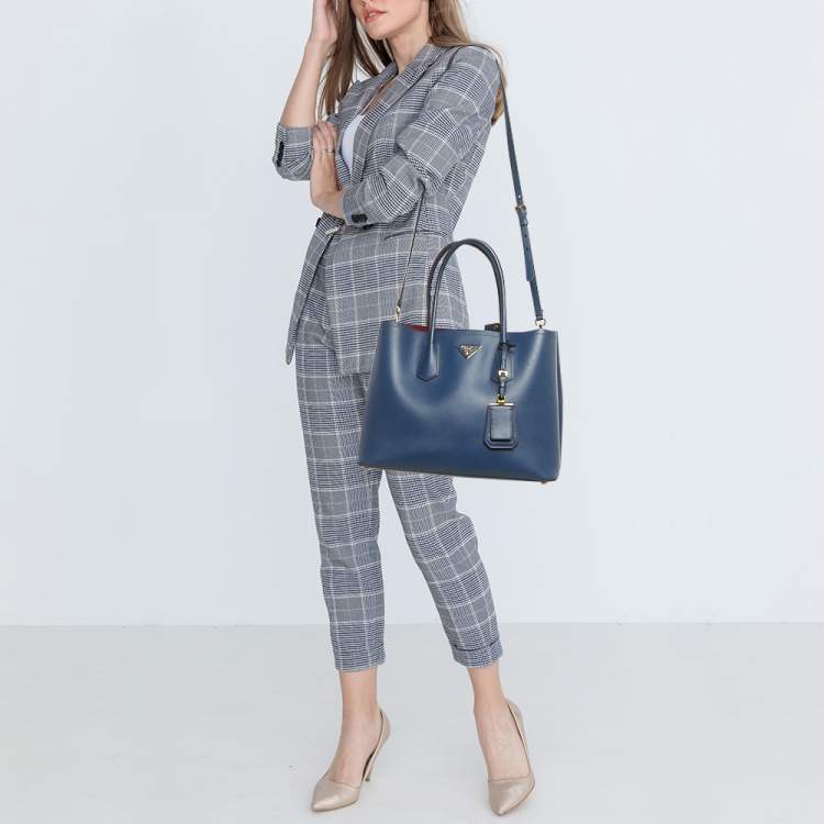 Pre Owned Prada Blue Saffiano Cuir Leather Large Double Handle Tote