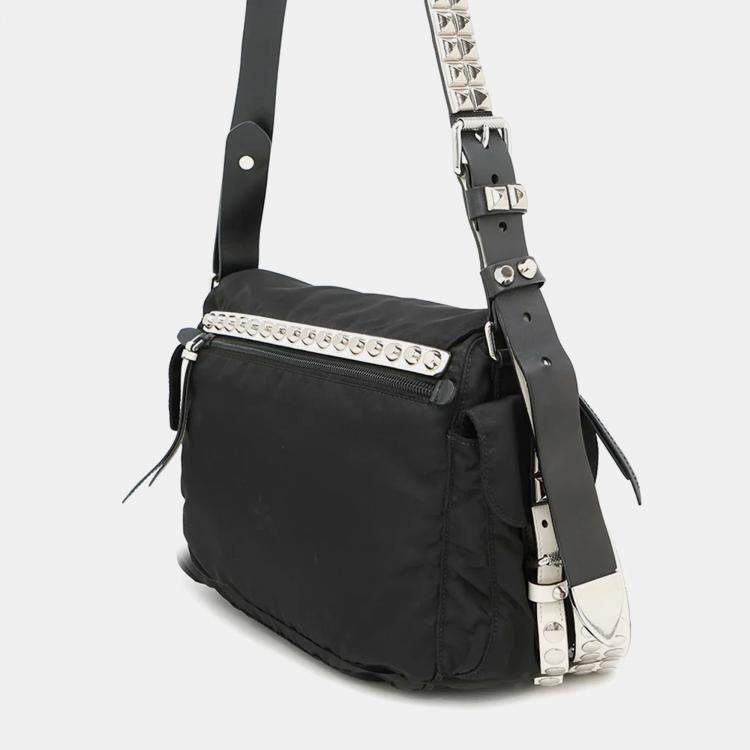 Pre Owned Prada Studded Black White Nylon Leather Shoulder Bag