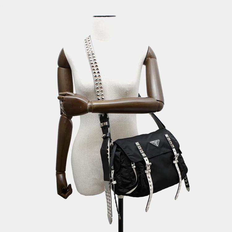 Pre Owned Prada Studded Black White Nylon Leather Shoulder Bag