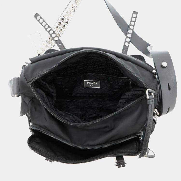 Pre Owned Prada Studded Black White Nylon Leather Shoulder Bag