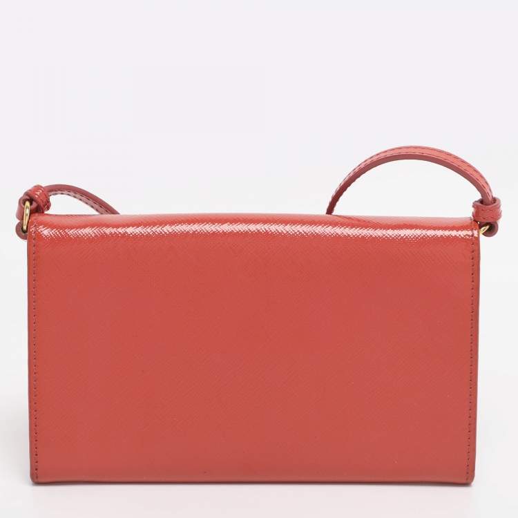 Pre Owned Prada Brick Red Patent Leather Logo Flap Wallet on Strap