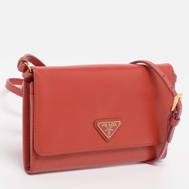 Pre Owned Prada Brick Red Patent Leather Logo Flap Wallet on Strap