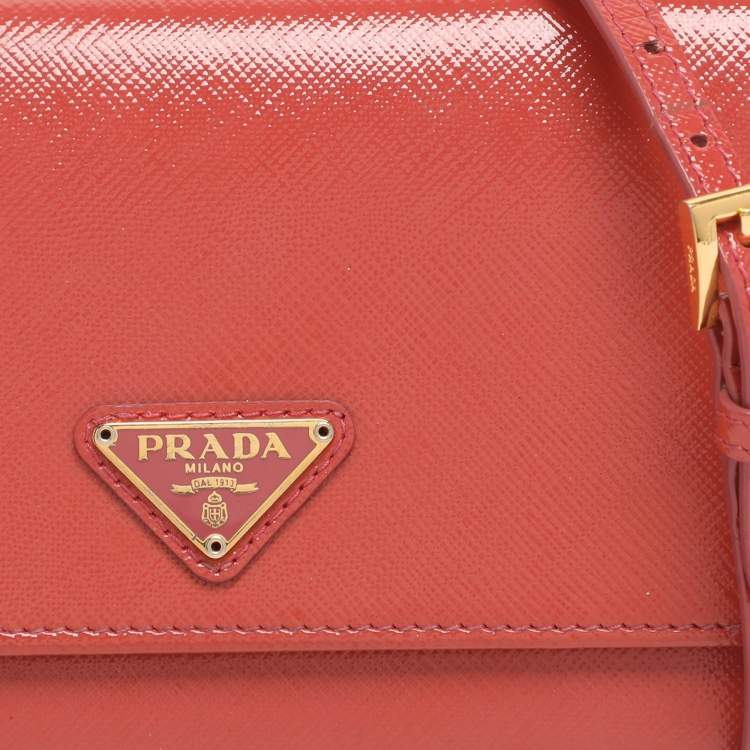 Pre Owned Prada Brick Red Patent Leather Logo Flap Wallet on Strap