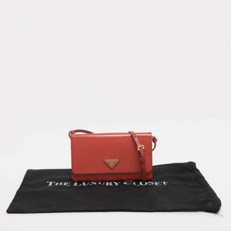 Pre Owned Prada Brick Red Patent Leather Logo Flap Wallet on Strap