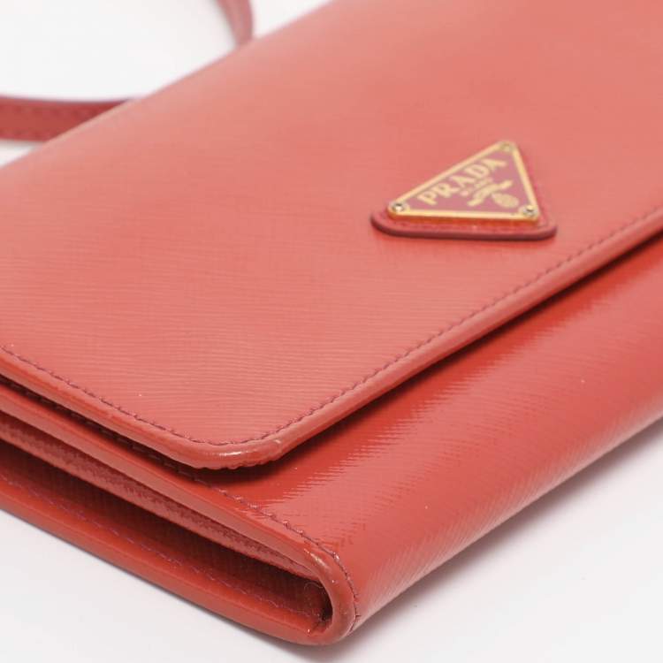 Pre Owned Prada Brick Red Patent Leather Logo Flap Wallet on Strap