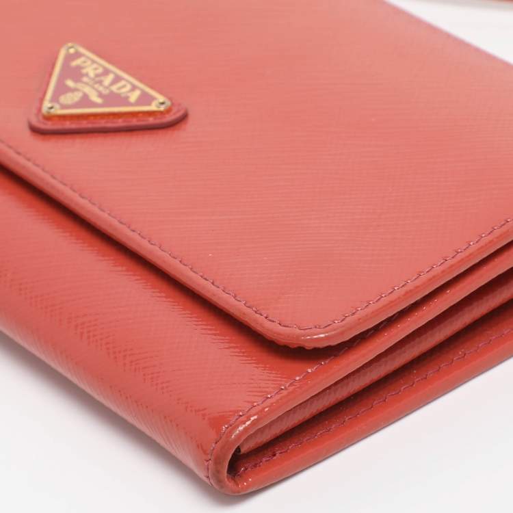Pre Owned Prada Brick Red Patent Leather Logo Flap Wallet on Strap