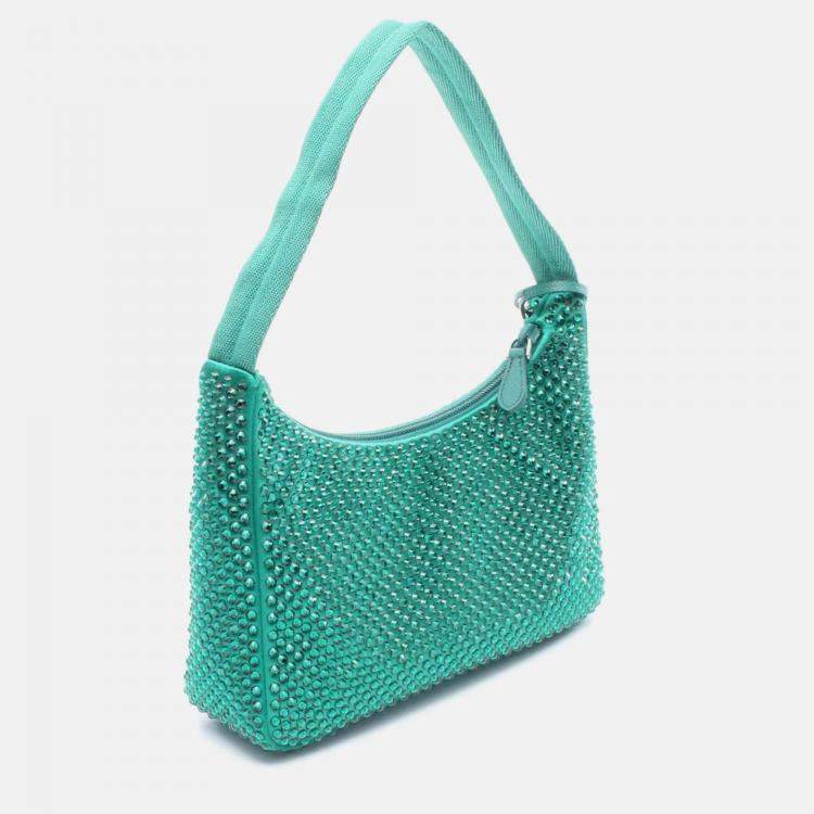 Pre Owned Prada Re-Edition 2000 Handbag Fabric Rhinestone Green