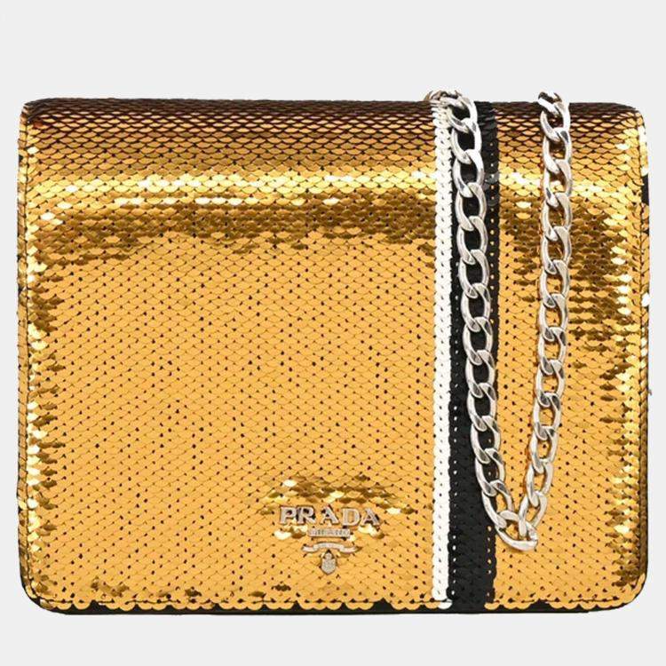 Pre Owned Prada Gold Sequins Satin Shoulder Bag