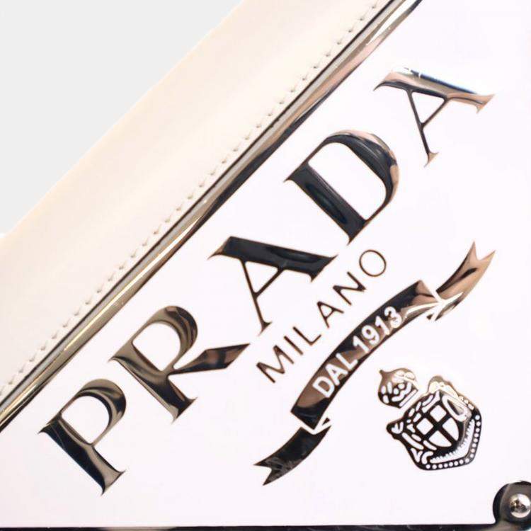 Pre Owned Prada White Spazzolato Triangle Logo Plate Flap Chain Crossbody